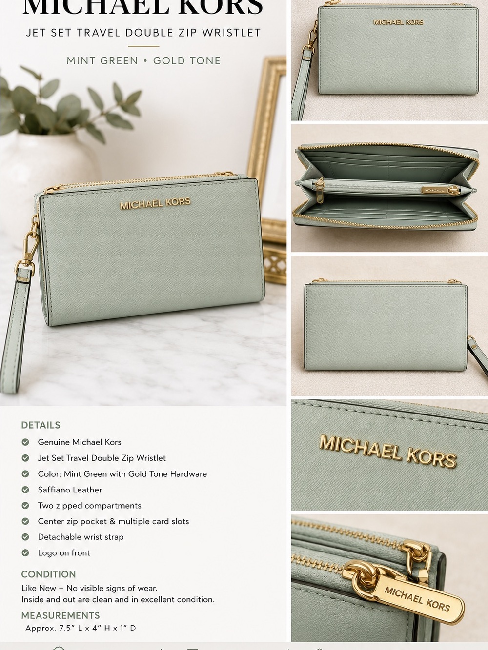 Michael Kors Mint Green Jet Set Travel Double Zip Wristlet with Gold Hardware